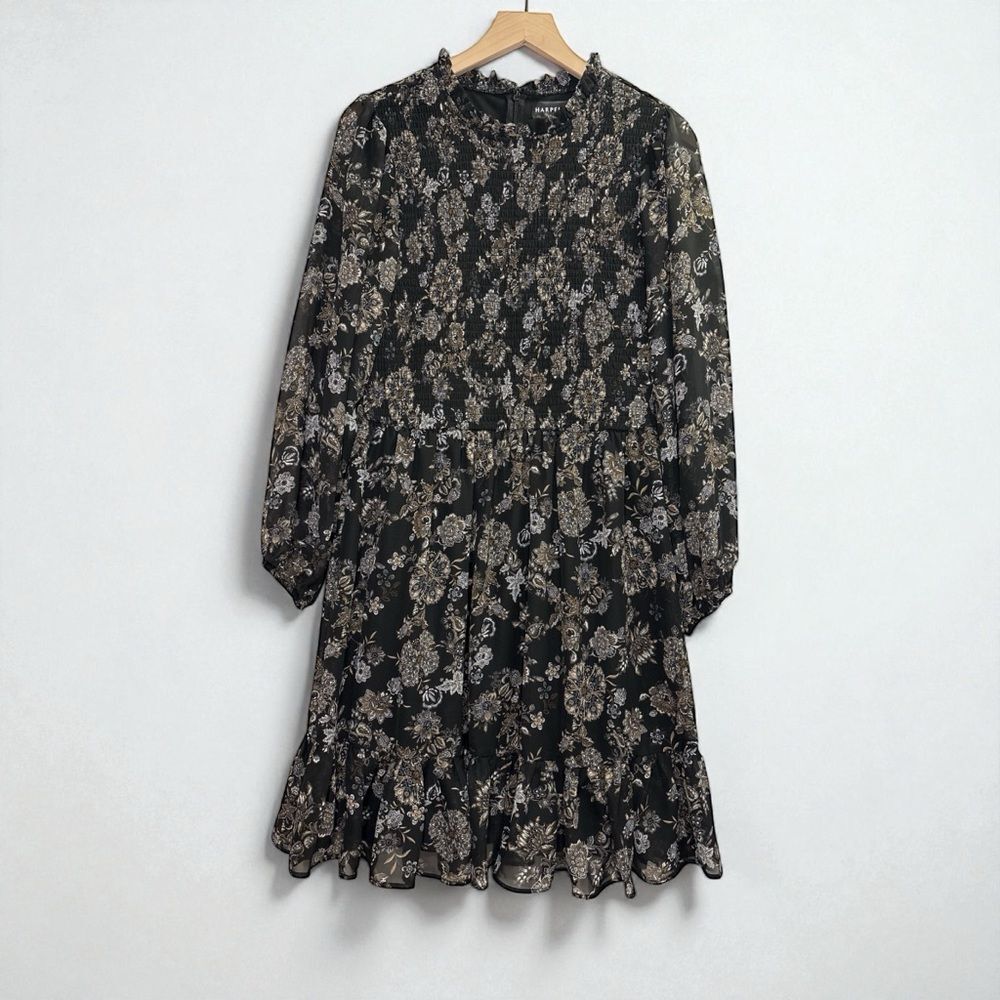 Harper 241 Floral Paisley Black Long Sleeve Dress Smocked Chiffon size 10